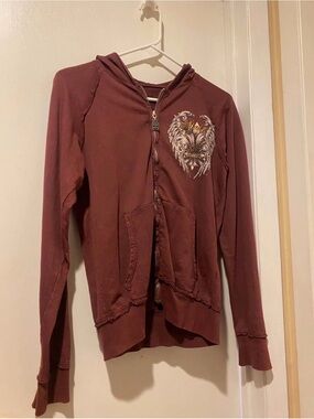 Sinful Maroon Zip-Up Hoodie with Winged Heart Graphic